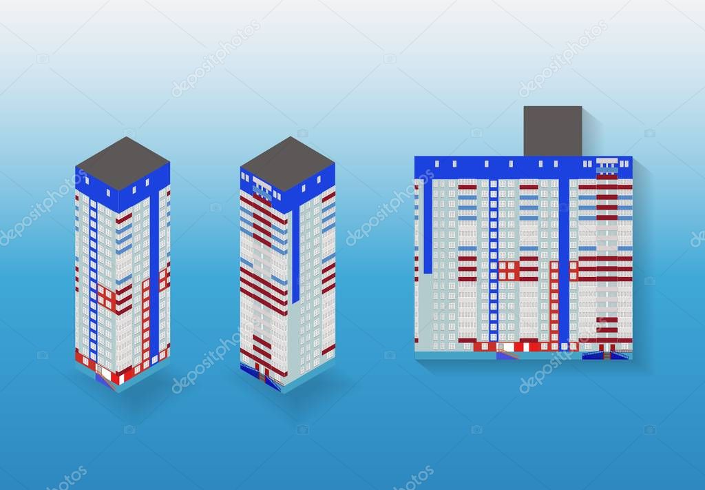 Vector isometric high rise building in urban city.