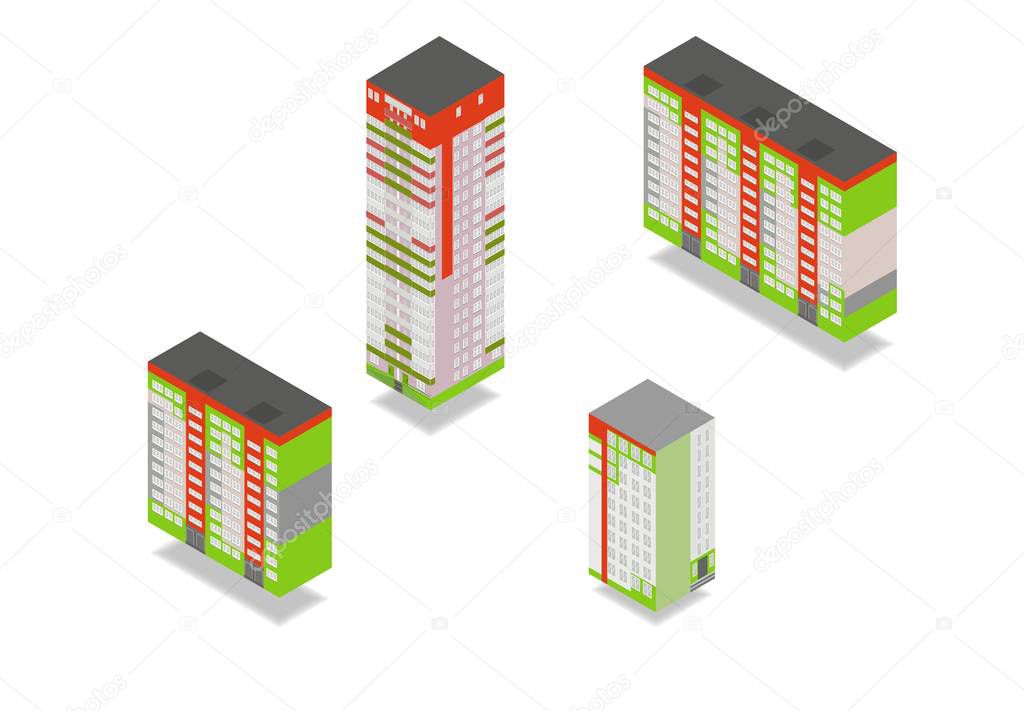 Vector isometric high rise building in urban city.