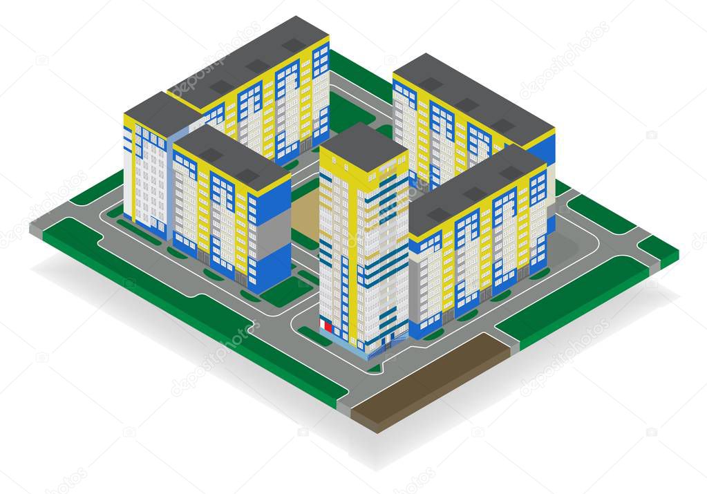 Vector isometric high rise building in urban city.