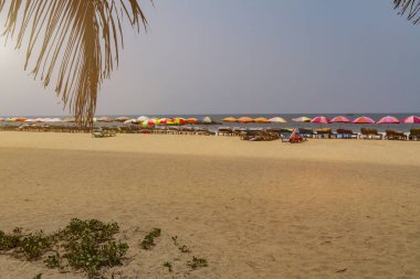 Plajda renkli şemsiyeler ile şezlong Satır