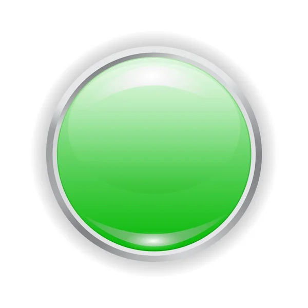 Διάνυσμα ρεαλιστικό πράσινο πλαστικό κουμπί με το έμπλαστρο του φωτός και μεταλλικό πλαίσιο απομονωμένη — Διανυσματικό Αρχείο