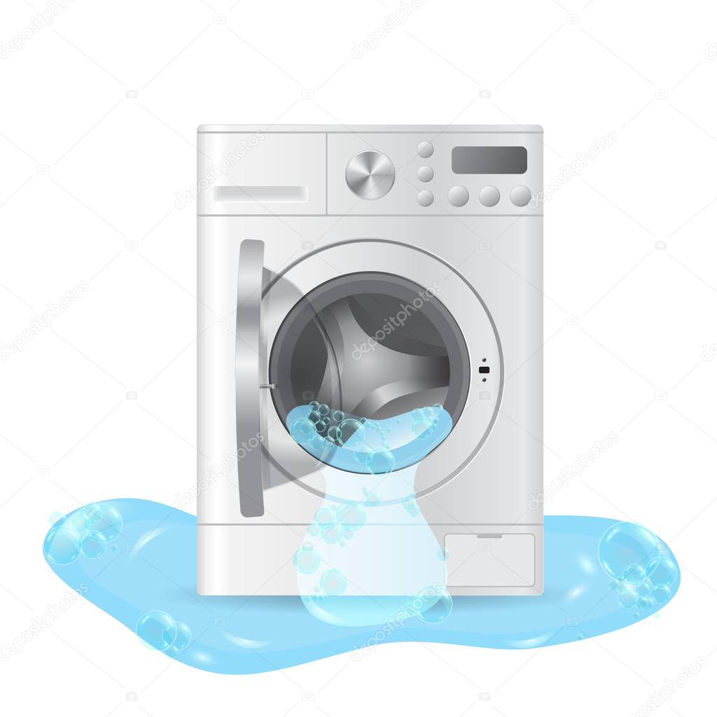 Vector realistic automatic broken washing-machine with front-loading clothes with open door