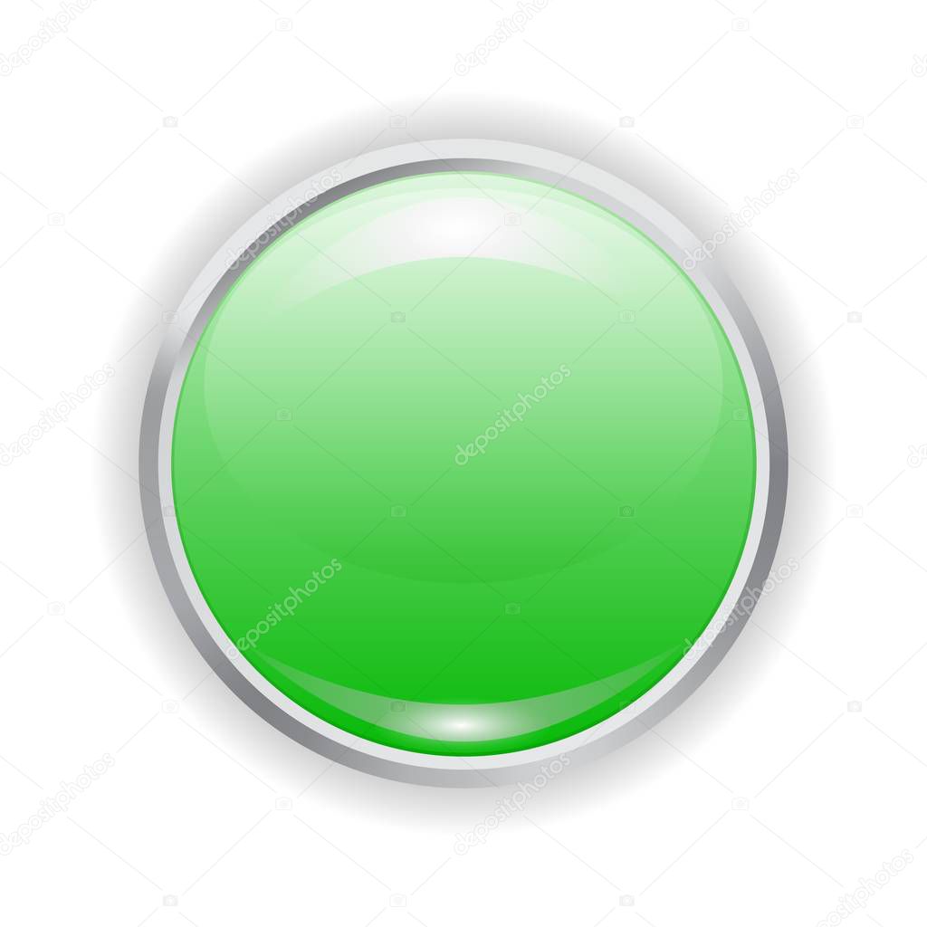 Vector realistic green plastic button with patch of light and metal frame isolated