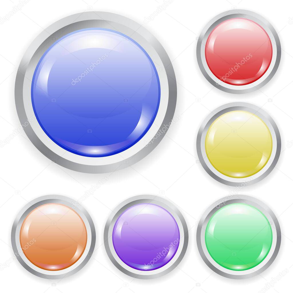 Set of vector realistic color plastic button with patch of light and metal frame