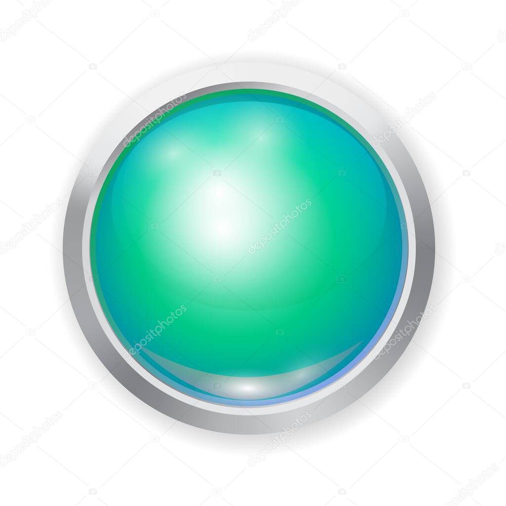 Vector realistic green shiny plastic button with patch of light and metal elements