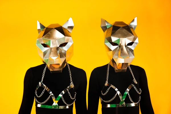 Amazing GoGo girls with metal panther heads posing in studio