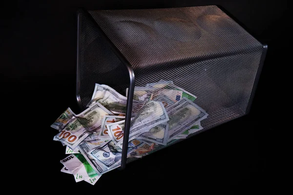 Euro Dollar Currency Money Fallen Turned Trash Bucket — Stockfoto