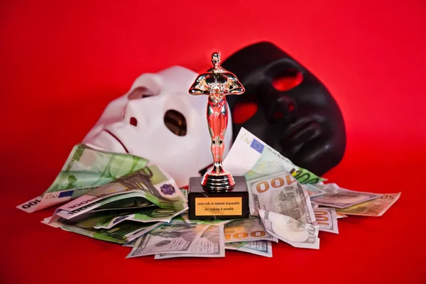 Golden Trophy Euro Dollar Currency Money Black White Masks Red —  Fotos de Stock