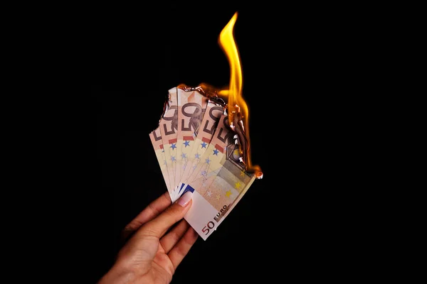 Woman Hand Euro Banknotes Burning — Stock Fotó