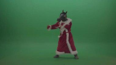  man in santa claus costume and horse mask  boxing  isolated on green background