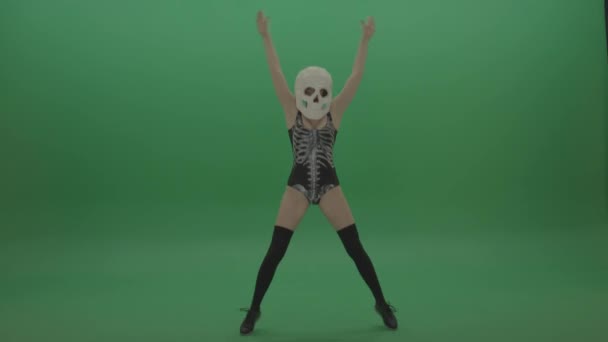 Gogo Dancer Girl Mit Totenkopf Maske Tanzt Studio Auf Grünem — Stockvideo