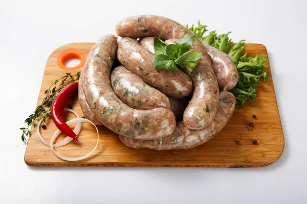 Raw Fried Sausages Grill Vegetables — Stock Photo, Image