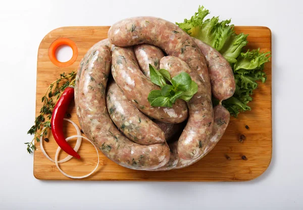 Raw Fried Sausages Grill Vegetables — Stock Photo, Image