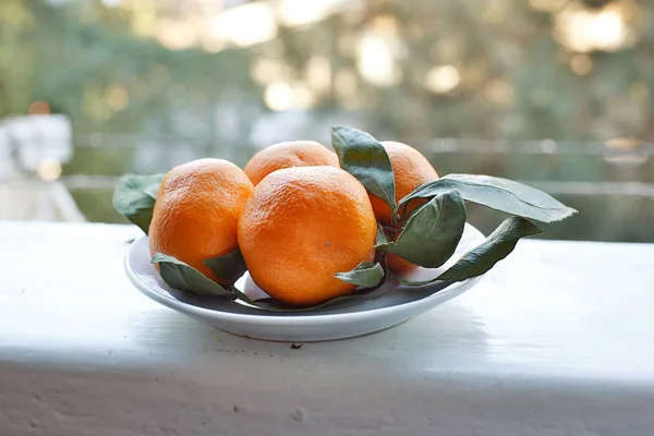 Agrumes Mandarines Sur Une Assiette Aux Feuilles — Photo