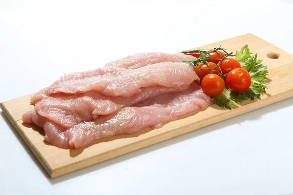 Chicken Fillet Meat Wooden Board Vegetables — Stock Photo, Image