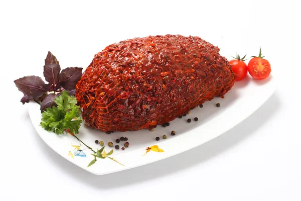 Carne Picada Recheada Nozes Conserva Com Legumes — Fotografia de Stock