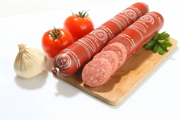 Sausage Smoked Board Vegetables — Stock Photo, Image