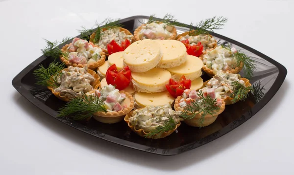 Beautiful Plate Salads Cheese Sockets Black Plate — Stock Photo, Image