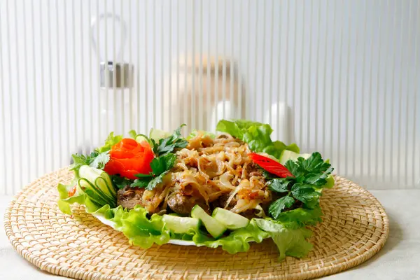 Meat Salad Fresh Vegetables Mayonnaise Lettuce — Stock Photo, Image