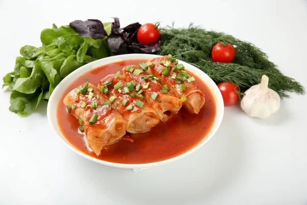 Stuffed Cabbage Rolls Meat Rice Tomato Sauce Plate — Stock Photo, Image