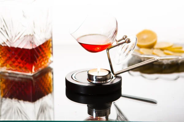 Glass Cognac Stand Candle Decanter Cognac — Stock Photo, Image