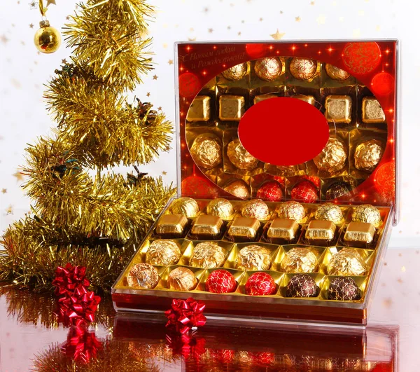 Festive chocolates in a box.