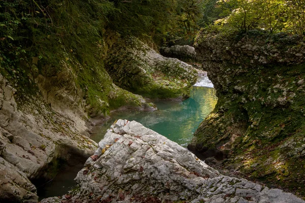 Paisagem Montanhosa Com Rio Abcásia — Fotografia de Stock