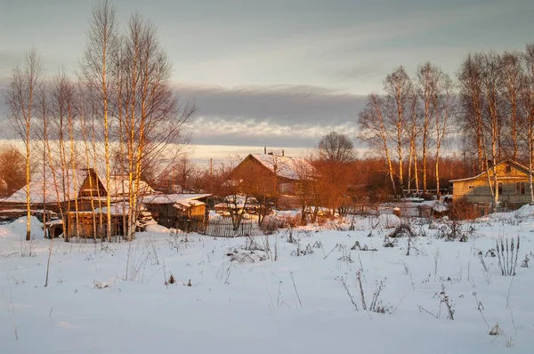 Dorp Huizen Winter Avonds Zon — Stockfoto