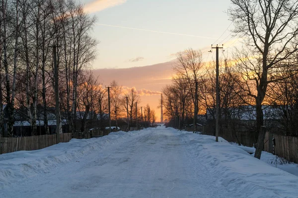 Maisons Village Hiver Soir Soleil Photo De Stock