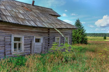 Köy adada Nehri Pinega, ıssız, eski evleri ile Kuzey Dvina bir kolu. Arkhangelsk bölgesi, 08/25/2018.