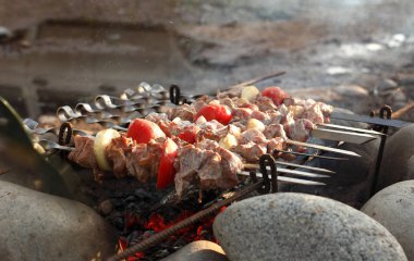 Et ve sebze ateşte metal şiş üzerinde şiş.