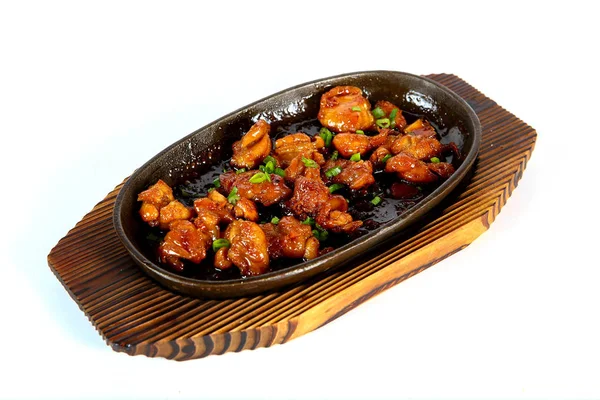 Meat Baked Cast Iron Pan Chinese Cuisine Wooden Board Light — Stock Photo, Image