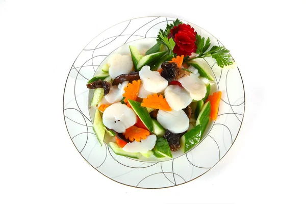 Salat Mit Garnelen Auf Einem Hellen Teller Mit Gemüse Chinesische — Stockfoto