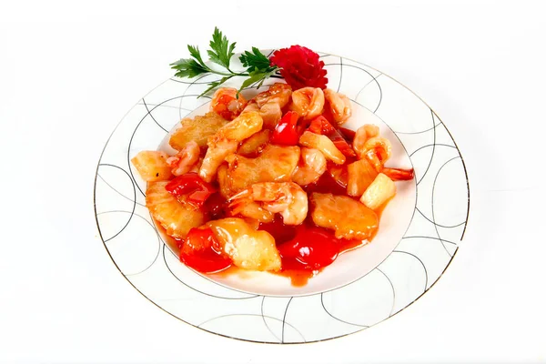 Mięso Talerzu Chińska Żywność Jasnym Tle — Zdjęcie stockowe
