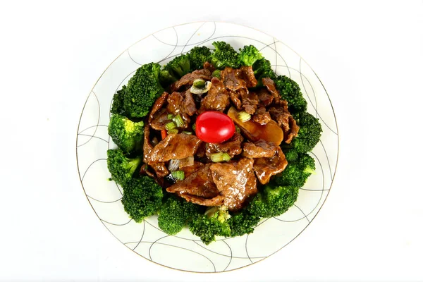 Fleisch Auf Einem Teller Chinesisches Essen Auf Hellem Hintergrund — Stockfoto