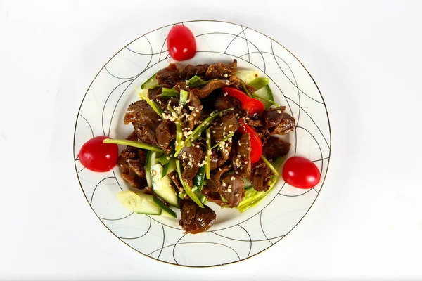 Viande Dans Une Assiette Cuisine Chinoise Sur Fond Clair — Photo