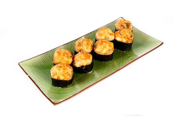 Uma Porção Sushi Assado Cozinha Japonesa Prato Nacional Fundo Leve — Fotografia de Stock