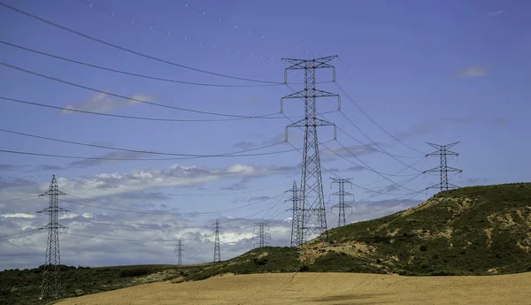 Elektromos Tornyok Táj Villamos Energia Szállítás Részlete — Stock Fotó