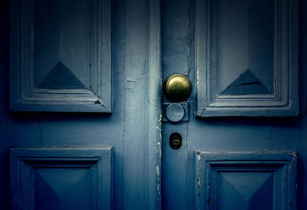 Старі Прикрашені Двері Синьому Кольорі Деталі Міського Оздоблення Захист — стокове фото
