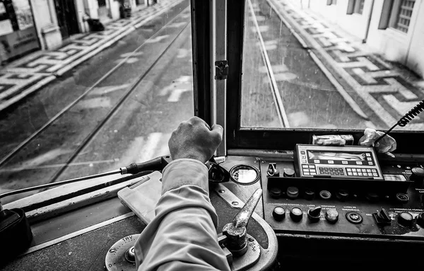 Tramway Lisbonne Détail Une Personne Portant Vieux Tram Voyageurs Portugal — Photo