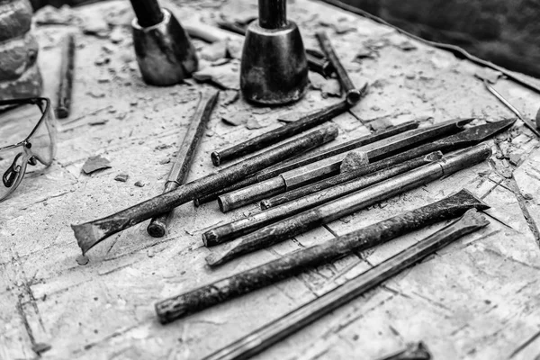 Oude Gereedschappen Voor Steenhouwen Handgemaakt Detail Van Een Handwerk — Stockfoto