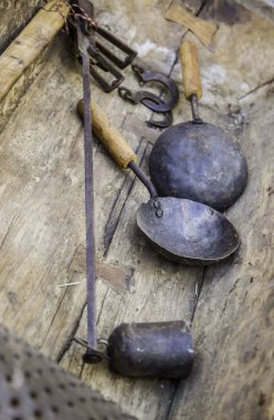 Antika mutfak araçları, nesneleri pişirme detay