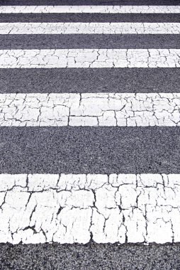 Zebra caddeyi güvenli bir şekilde geçmek için geçiyor. Yol güvenliği, trafik işareti.