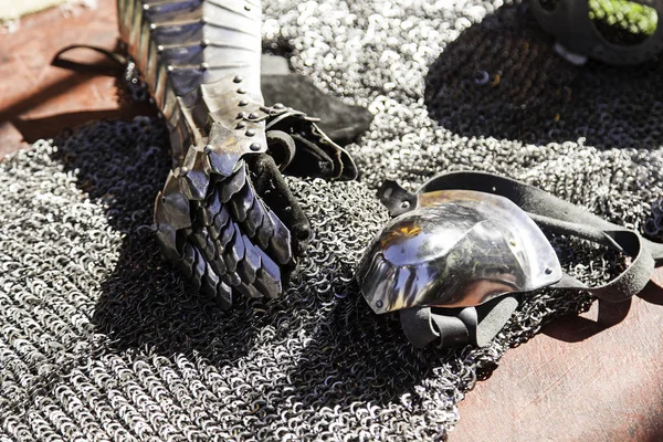 Detalhe Antiga Armadura Medieval Reprodução Roupas Protetoras Para Lutar Cruzadas — Fotografia de Stock