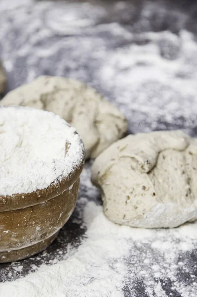Ciasto Chlebowe Szczegóły Pieczenia Chleba Tradycyjna Piekarnia Rzemieślnicza Żywność Żywność — Zdjęcie stockowe