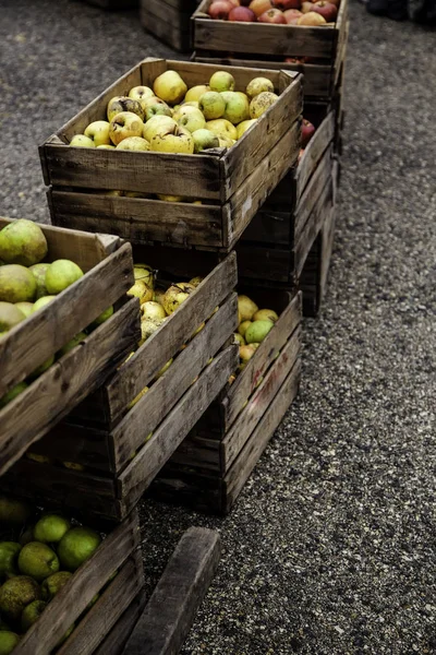 Appels Houten Kisten Detail Van Vers Fruit Voeding Gezondheid — Stockfoto