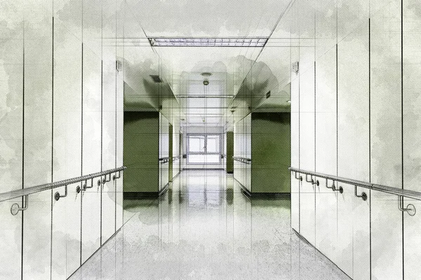 Corridor of a health hospital, detail of health and medicine, hospital complex, doctors and nurses, healing