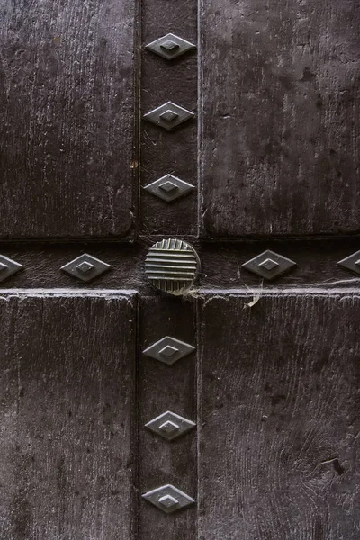 Old Black Painted Wood Detail Decorated Door — Stock Photo, Image