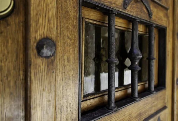 Old Wooden Door Glass Detail Decoration Abandonment Security — Stock Photo, Image