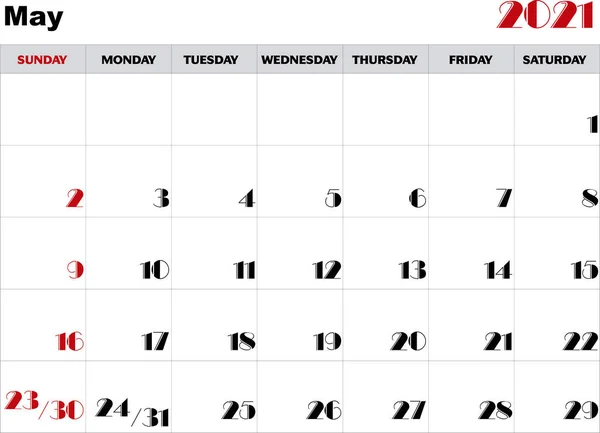 Calendar Month May 2021 Vector — Stock Vector